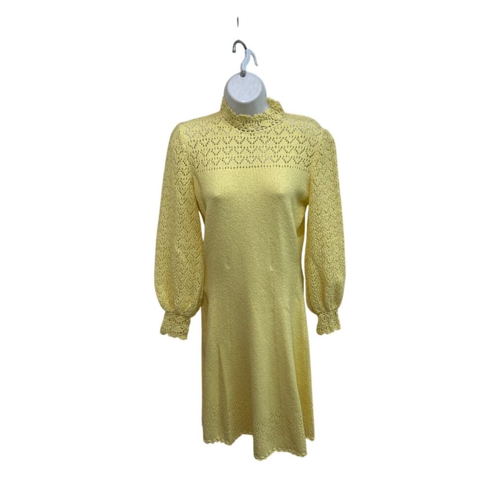 Vtg 70’s Yellow Knit Hippie Maxi Crochet Dress Long Sleeve Picardo Knits M